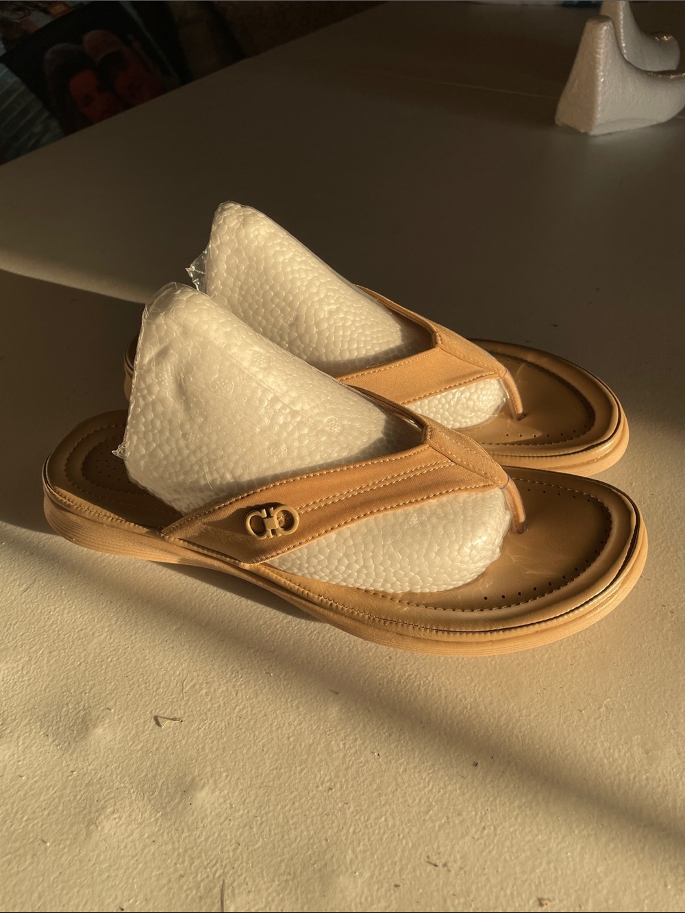 Women’s Tan Thong Sandals with Decorative Accent